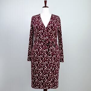 Ann Taylor Maroon Floral Long Sleeve V-Neck Wrap Dress